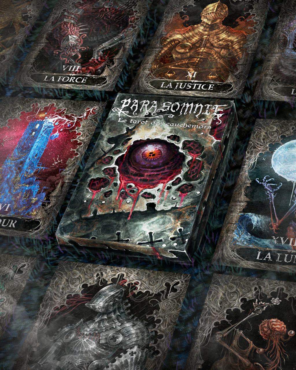 Parasomnie – Tarot des Cauchemars, 30 cartes XXL, étui dorure argent & brochure guide, édition linogravure