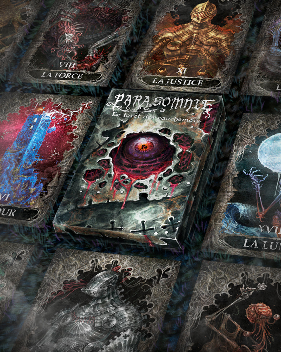 Parasomnie – Tarot des Cauchemars, 30 cartes XXL, étui dorure argent & brochure guide, édition linogravure